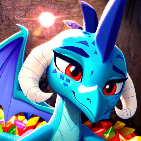 Size: 3072x3072 | Tagged: safe, derpibooru import, machine learning generated, stable diffusion, princess ember, dragon, ai content, cave, cute, diamond, dragoness, emberbetes, female, g4, gem, generator:purplesmart.ai, image, png, prompter:rupert, smiling