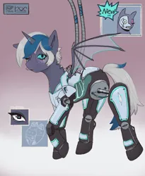 Size: 2342x2860 | Tagged: safe, alternate version, artist:magpiegoblin, derpibooru import, oc, oc:elizabat stormfeather, unofficial characters only, alicorn, bat pony, bat pony alicorn, pony, robot, robot pony, advertisement, alicorn oc, bat pony oc, bat wings, commission, eyes closed, female, gritted teeth, heart, horn, image, mare, one eye closed, png, raised hoof, raised leg, ribcage, solo, teeth, textless, textless version, wings, wink, wires, ych result