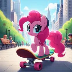 Size: 1024x1024 | Tagged: safe, derpibooru import, machine learning generated, pinkie pie, earth pony, ai content, bench, central park, empire state building, female, image, jpeg, looking at you, new york city, prompter:pinkiepiepics, skateboard, smiling, smiling at you, solo