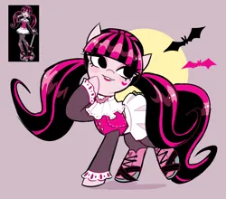 Size: 2048x1802 | Tagged: safe, artist:syrupyyy, derpibooru import, ponified, bat, earth pony, pony, undead, vampire, vampony, boots, clothes, crossover, cute, draculaura, fangs, female, full moon, image, lip bite, lipstick, makeup, monster high, moon, png, shirt, shoes, skirt, socks, solo, stockings, thigh highs
