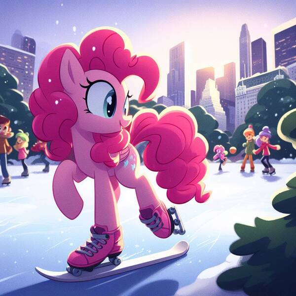 Size: 1024x1024 | Tagged: safe, derpibooru import, machine learning generated, pinkie pie, earth pony, pony, ai content, central park, female, ice skating, image, jpeg, new york city, prompter:pinkiepiepics, skates, skating, solo