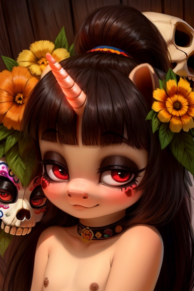 Size: 512x768 | Tagged: questionable, ai content, banned from derpibooru, machine learning generated, ponerpics import, ponybooru import, oc, oc:spring beauty, alicorn, anthro, pony, bust, choker, cute, dia de los muertos, female, filly, flower, foal, image, lolicon, looking at you, makeup, nipples, nudity, png, portrait, prompter:miniferu, skull, solo, underage