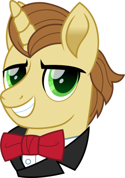 Size: 1129x1600 | Tagged: safe, artist:cloudy glow, derpibooru import, con mane, donut joe, unicorn, mmmystery on the friendship express, bowtie, bust, clothes, green eyes, image, james bond, male, png, secret agent, smiling, solo, vest