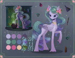 Size: 4534x3500 | Tagged: safe, artist:fridagloria, derpibooru import, oc, unofficial characters only, pegasus, pony, adoptable, cauldron, color palette, female, flower, flower in hair, high res, image, jewelry, lidded eyes, long legs, mare, necklace, png, raised hoof, solo, unshorn fetlocks