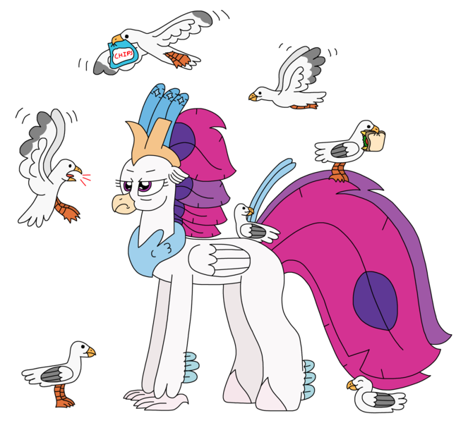 Size: 2477x2300 | Tagged: safe, artist:supahdonarudo, derpibooru import, queen novo, bird, classical hippogriff, hippogriff, seagull, my little pony: the movie, chips, flying, food, image, lying down, png, prone, queen novo is not amused, sandwich, simple background, sitting on, sitting on person, sitting on pony, transparent background, unamused