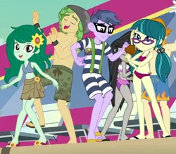 Size: 658x577 | Tagged: safe, artist:ajosterio, derpibooru import, edit, edited screencap, screencap, vector edit, juniper montage, microchips, octavia melody, sandalwood, valhallen, wallflower blush, human, equestria girls, equestria girls series, i'm on a yacht, spoiler:eqg series (season 2), bare shoulders, beanie, belly button, bikini, camp everfree logo, chocolate, clothes, cropped, cute, dancing, double date, feet, female, flower, flowerbetes, food, glasses, hairpin, hat, ice cream, ice cream cone, image, legs, male, male feet, microjuniper, midriff, png, ponytails, raised leg, sandalflower, sandals, sarong, shipping, shorts, skirt, sleeveless, smiling, straight, sunflower, suspenders, swimming trunks, swimsuit, vector