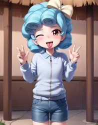 Size: 1408x1792 | Tagged: safe, machine learning generated, stable diffusion, cozy glow, human, ;p, blushing, clothes, cozybetes, cute, denim, denim shorts, humanized, image, jacket, looking at you, one eye closed, peace sign, png, shorts, solo, tongue out, wink