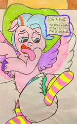 Size: 2241x3582 | Tagged: safe, artist:bitter sweetness, derpibooru import, queen haven, pegasus, pony, g5, my little pony: a new generation, my little pony: make your mark, my little pony: tell your tale, spoiler:g5, abdl, adult foal, ahegao, clothes, diaper, diaper fetish, fetish, image, non-baby in diaper, open mouth, png, poofy diaper, socks, spanish, spanish text, speech bubble, striped socks, tongue out, traditional art, translated in the description