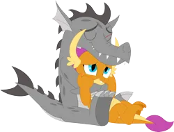 Size: 3562x2707 | Tagged: safe, artist:porygon2z, derpibooru import, smolder, oc, oc:draco axel, canon x oc, dracolder, female, hug, image, male, png, shipping, simple background, straight, transparent background