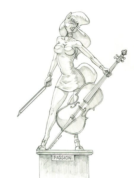 Size: 1000x1328 | Tagged: safe, artist:baron engel, derpibooru import, octavia melody, anthro, earth pony, pony, unguligrade anthro, bow (instrument), cello, cello bow, female, image, jpeg, mare, monochrome, musical instrument, pencil drawing, simple background, solo, statue, traditional art, white background