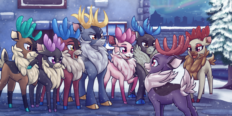 Size: 3600x1800 | Tagged: safe, artist:redahfuhrerking, derpibooru import, deer, reindeer, them's fightin' herds, blitzen (tfh), comet (tfh), community related, cupid (tfh), dancer (tfh), dasher (tfh), donner (tfh), female, image, male, outdoors, pine tree, png, prancer (tfh), snow, tree, vixen (tfh), winter