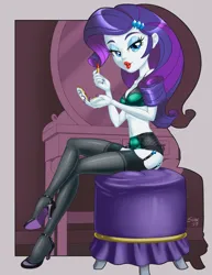 Size: 1275x1650 | Tagged: suggestive, artist:shaxbert, derpibooru import, rarity, equestria girls, bedroom eyes, clothes, female, high heels, image, jpeg, lingerie, lipstick, looking at you, shoes, socks, solo, solo female, stockings, thigh highs
