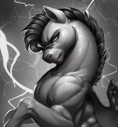 Size: 625x676 | Tagged: safe, artist:ondrea, derpibooru import, machine learning assisted, machine learning generated, oc, oc:thunder run, unofficial characters only, bat pony, pony, ai content, angry, bat wings, black and white, bust, fangs, grayscale, image, jpeg, lightning, male, mohawk, monochrome, muscles, portrait, rearing, render, scar, scowl, slit pupils, solo, solo focus, spread wings, stallion, stallion oc, wings