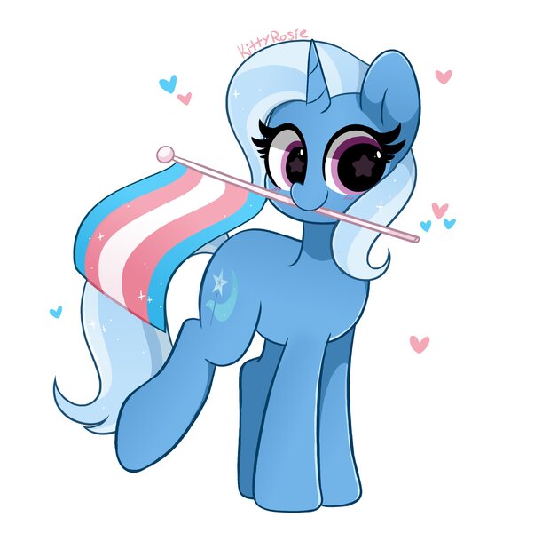 Size: 3681x3512 | Tagged: safe, artist:kittyrosie, derpibooru import, trixie, pony, unicorn, blushing, cute, diatrixes, female, flag, flag pole, g4, heart, high res, horn, image, jpeg, looking at you, mare, mouth hold, pride, pride flag, raised leg, signature, simple background, smiling, smiling at you, solo, starry eyes, trans female, trans trixie, transgender, transgender pride flag, white background, wingding eyes