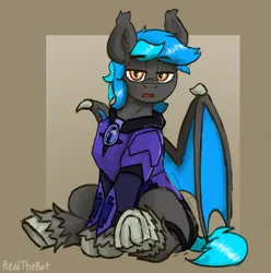 Size: 1445x1458 | Tagged: safe, artist:reddthebat, derpibooru import, oc, unofficial characters only, bat pony, pony, armor, bat pony oc, bat wings, eyebrows, eyebrows visible through hair, frog (hoof), image, lidded eyes, looking at you, night guard, passepartout, png, sitting, solo, underhoof, unshorn fetlocks, wings