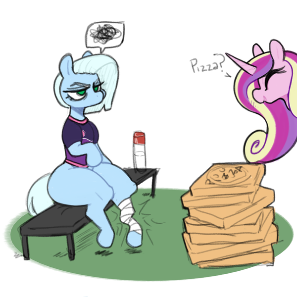 Size: 3173x3173 | Tagged: safe, artist:pantheracantus, derpibooru import, princess cadance, oc, oc:tracy cage, alicorn, earth pony, semi-anthro, 4chan cup, butt, disproportional anatomy, hi anon, huge butt, image, injured, large butt, meme, pizza box, png, simple background, that pony sure does love pizza, white background