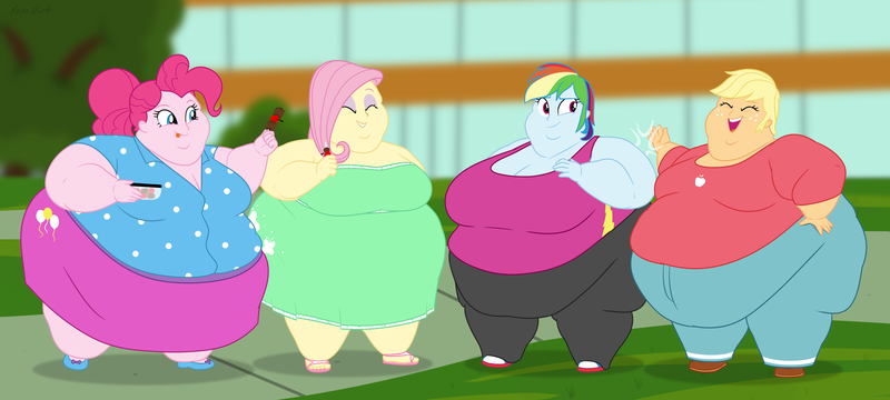 Size: 3200x1440 | Tagged: suggestive, artist:neongothic, derpibooru import, applejack, fluttershy, pinkie pie, rainbow dash, human, equestria girls, amplejack, applefat, belly, big belly, bingo wings, breasts, busty rainbow dash, chubby cheeks, cleavage, double chin, fat, fat boobs, fat fetish, fattershy, fetish, image, large butt, morbidly obese, obese, piggy pie, png, pudgy pie, rainblob dash, thighs, thunder thighs, weight gain