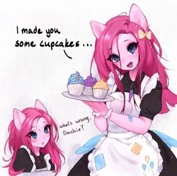 Size: 1079x1073 | Tagged: safe, artist:ivyuun, derpibooru import, pinkie pie, anthro, earth pony, :d, bow, clothes, confused, cuffs (clothes), cutie mark, cutie mark on clothes, duo, female, hair bow, image, implied cupcakes, implied rainbow dash, jpeg, maid, offscreen character, open mouth, open smile, pinkamena diane pie, smiling