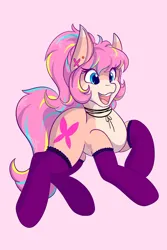 Size: 1366x2048 | Tagged: safe, artist:mscolorsplash, derpibooru import, oc, unofficial characters only, earth pony, pony, clothes, female, image, jpeg, mare, open mouth, open smile, pale belly, pink background, simple background, smiling, socks, solo, stockings, thigh highs