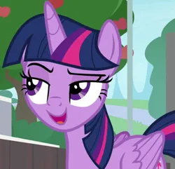 Size: 1037x1000 | Tagged: safe, derpibooru import, screencap, twilight sparkle, twilight sparkle (alicorn), alicorn, pony, 2 4 6 greaaat, season 9, spoiler:s09, apple, apple tree, cropped, eyebrows, female, food, g4, image, lidded eyes, mare, open mouth, png, raised eyebrow, smug, smuglight sparkle, tree