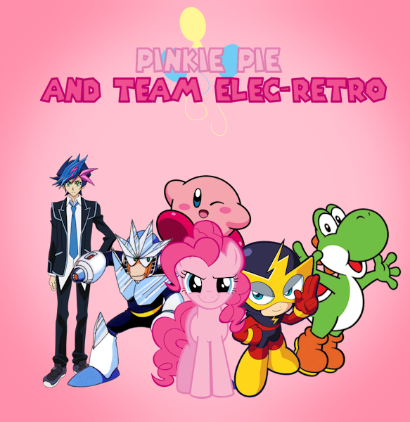 Size: 583x600 | Tagged: safe, derpibooru import, pinkie pie, anthro, yoshi, anthro with ponies, crossover, elec man, gemini man, image, kirby, kirby (series), mega man (series), megaman, pinkie pie's cutie mark, png, super mario bros., yu-gi-oh!, yu-gi-oh! vrains, yusaku fujiki