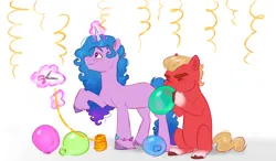 Size: 4420x2585 | Tagged: safe, artist:mythicalartist_, derpibooru import, izzy moonbow, sprout cloverleaf, earth pony, pony, unicorn, g5, balloon, blowing up balloons, commission, commissioner:puffydearlysmith, duo, female, glow, glowing horn, high res, horn, image, inflating, male, mare, png, puffy cheeks, scissors, simple background, stallion, streamers, white background