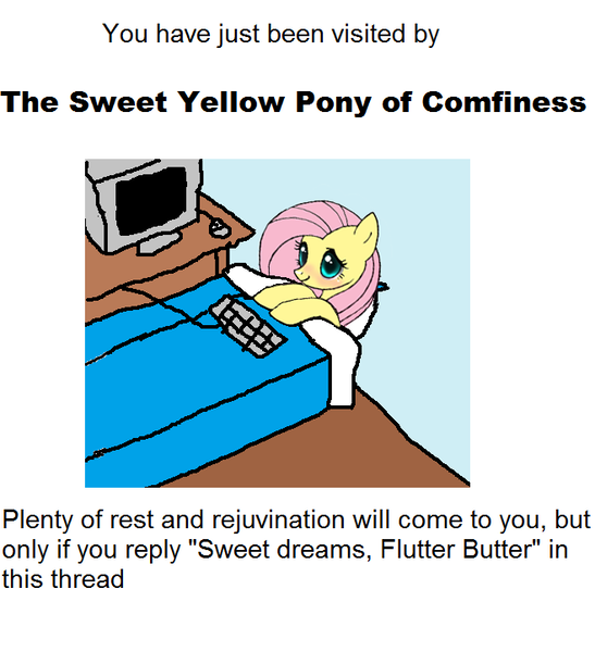 Size: 658x722 | Tagged: safe, derpibooru import, fluttershy, mouse, pegasus, pony, /mlp/, 4chan, bed, blanket, blushing, computer, desk, good night, image, keyboard, laying on bed, lying down, monitor, on bed, png, smiling, solo, sweet dreams