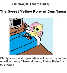 Size: 658x722 | Tagged: safe, derpibooru import, fluttershy, mouse, pegasus, pony, /mlp/, 4chan, bed, blanket, blushing, computer, desk, good night, image, keyboard, laying on bed, lying down, monitor, on bed, png, smiling, solo, sweet dreams