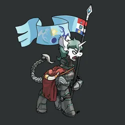 Size: 3000x3000 | Tagged: safe, artist:hotkoin, derpibooru import, oc, oc:aquaria lance, unofficial characters only, pony, unicorn, armor, banner, cape, clothes, flag, horn, image, png, power armor, solo