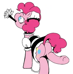 Size: 754x758 | Tagged: safe, artist:dsstoner, derpibooru import, pinkie pie, earth pony, pony, butt, cleaning, clothes, dress, duster, female, image, maid, mare, mouth hold, one leg raised, pinkie maid, pinktober, plot, png