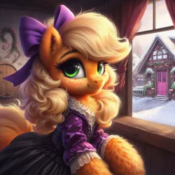 Size: 1024x1024 | Tagged: safe, machine learning generated, ponerpics import, ponybooru import, applejack, earth pony, pony, ai content, alternate hairstyle, bing, bow, clothed ponies, clothes, female, fluffy, hair bow, image, jpeg, looking at you, mare, missing accessory, ponyville, skirt, smiling, smiling at you, snow, solo, window