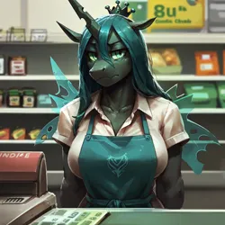 Size: 1024x1024 | Tagged: source needed, safe, derpibooru import, machine learning generated, queen chrysalis, anthro, changeling, changeling queen, ai content, apron, breasts, busty queen chrysalis, clothes, convenience store, crown, female, frown, image, jewelry, lidded eyes, looking at you, png, regalia, shirt, solo