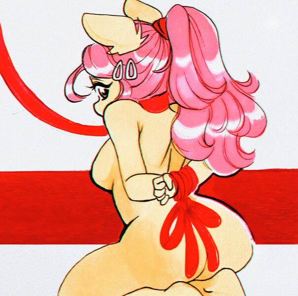 Size: 1926x1914 | Tagged: questionable, artist:cherubisous, derpibooru import, oc, unofficial characters only, anthro, earth pony, arm behind back, ass, breasts, butt, complete nudity, female, image, jpeg, kneeling, leash, nipples, no tail, nudity, ribbon, sideboob, solo, solo female, tied hands