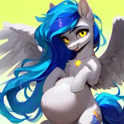 Size: 3072x3072 | Tagged: suggestive, derpibooru import, machine learning generated, stable diffusion, oc, oc:sky slicer, unofficial characters only, pegasus, pony, ai content, blue mane, female, generator:purplesmart.ai, glow, glowing eyes, happy, hoof on belly, image, jewelry, jpeg, looking at you, mare, messy mane, necklace, pegasus oc, pregnant, prompt in description, prompter:skyslicer, smiling, solo, white body, wings, yellow eyes