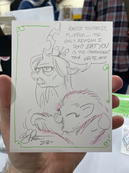 Size: 1536x2048 | Tagged: safe, artist:andypriceart, derpibooru import, queen chrysalis, oc, oc:fluffle puff, changeling, changeling queen, earth pony, pony, annoyed, colored sketch, convention, dialogue, duo, eyes closed, female, hand, image, jpeg, mare, open mouth, sketch, taxes, tired of your shit, traditional art, unamused