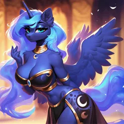 Size: 4096x4096 | Tagged: suggestive, ai content, alternate version, derpibooru import, machine learning generated, princess luna, alicorn, anthro, g4, beautiful, bedroom eyes, belly button, belly dancer, belly dancer outfit, big breasts, breasts, busty princess luna, cleavage, clothes, cutie mark, cutie mark on clothes, dancing, ethereal mane, exposed belly, female, horn, image, jpeg, looking at you, midriff, prompter:anonynmi, purple background, shoulder fluff, simple background, solo, solo female, wings