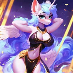 Size: 4096x4096 | Tagged: suggestive, ai content, derpibooru import, machine learning generated, princess celestia, princess luna, oc, oc:luncia, alicorn, anthro, hybrid, g4, beautiful, bedroom eyes, belly button, breasts, busty princess luna, cleavage, clothes, cutie mark, cutie mark on clothes, dancing, ethereal mane, exposed belly, female, horn, image, jpeg, prompter:anonynmi, purple background, simple background, solo, solo female, wings