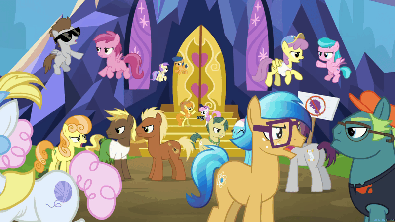 Size: 1920x1080 | Tagged: safe, derpibooru import, screencap, meadow song, ruby pinch, star bright, earth pony, pegasus, pony, unicorn, fame and misfortune, season 7, animated, argument, female, gif, image, male, mare, stallion