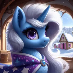 Size: 1024x1024 | Tagged: safe, machine learning generated, ponerpics import, ponybooru import, trixie, pony, unicorn, bust, cloak, clothes, ear fluff, ears, female, fluffy, hatless, image, jewelry, jpeg, mare, missing accessory, neck fluff, ponyville, portrait, snow, solo, window