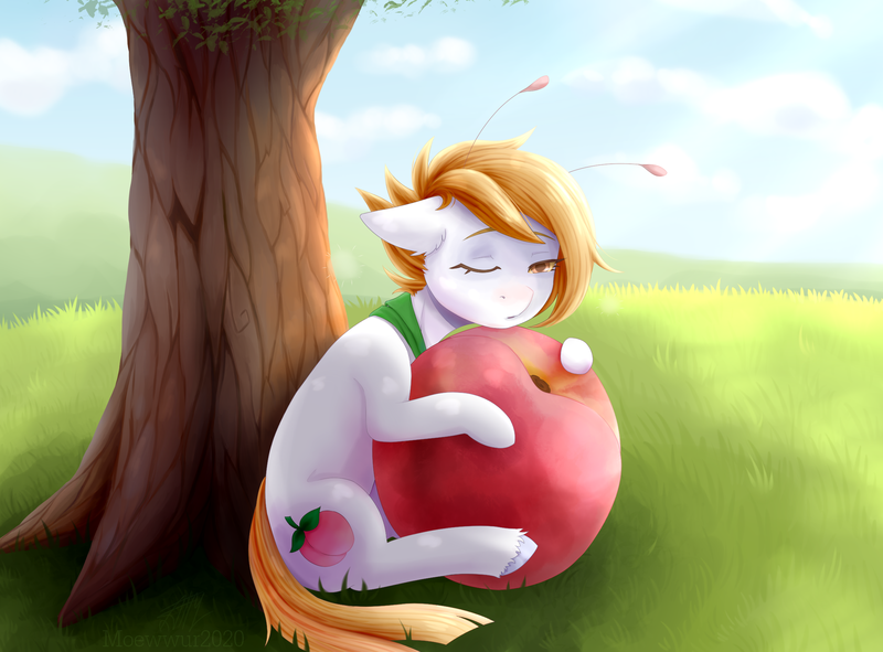 Size: 2300x1700 | Tagged: safe, artist:moewwur, artist:rin-mandarin, derpibooru import, oc, oc:steffany, unofficial characters only, pony, pony town, blue background, food, ginger eyes, ginger hair, image, light skin, nature background, orange eyes, peach, pegasus wings, png, red hair, simple background, sky, tendrils, tree, wings