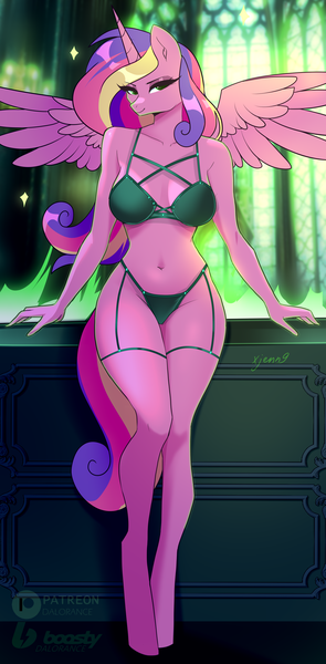 Size: 1866x3796 | Tagged: suggestive, artist:xjenn9, derpibooru import, princess cadance, queen chrysalis, anthro, unguligrade anthro, belly button, bra, breasts, busty princess cadance, clothes, commission, disguise, disguised changeling, fake cadance, female, image, looking at you, panties, png, solo, solo female, spread wings, underwear, wings, ych example, your character here