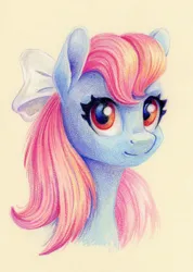 Size: 854x1200 | Tagged: safe, artist:maytee, derpibooru import, wind whistler, pegasus, pony, g1, bow, bust, commission, hair bow, image, png, portrait, solo, toned paper, traditional art
