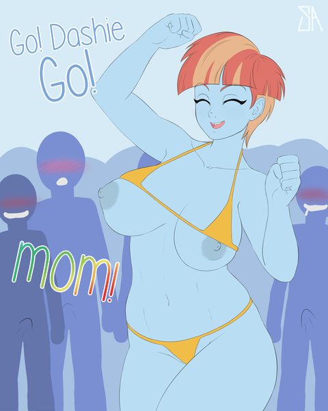 Size: 2400x3000 | Tagged: questionable, artist:souladdicted, color edit, derpibooru import, edit, windy whistles, human, equestria girls, areola, belly button, big breasts, bikini, blushing, breasts, busty windy whistles, cheering, clothes, colored, crowd, dialogue, equestria girls-ified, erection, exhibitionism, exposed breasts, eyes closed, female, female focus, image, implied rainbow dash, micro bikini, milf, nipple slip, nipples, nudity, offscreen character, penis, png, public nudity, silhouette, smiling, solo focus, swimsuit, tenting, wardrobe malfunction