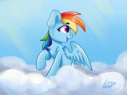 Size: 4000x3000 | Tagged: safe, artist:lazybread, derpibooru import, rainbow dash, pegasus, pony, chest fluff, cloud, colored eyebrows, crepuscular rays, eyebrows, eyebrows visible through hair, female, g4, high res, image, looking sideways, mare, on a cloud, open mouth, open smile, outdoors, png, profile, raised hoof, signature, sky, smiling, solo, wings