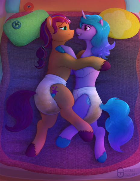 Size: 1709x2209 | Tagged: questionable, artist:secret_desires, banned from derpibooru, deleted from derpibooru, derpibooru import, izzy moonbow, sunny starscout, earth pony, pony, unicorn, g5, bed, bedroom eyes, cute, diaper, diaper fetish, female, fetish, image, izzybetes, izzyscout, kissing, lesbian, pissing, png, shipping, solo, solo female, sunnybetes, urine, wet diaper, wetting