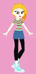 Size: 793x1598 | Tagged: safe, artist:robertsonskywa1, derpibooru import, equestria girls, g5, my little pony: tell your tale, clothes, equestria girls-ified, female, flare (g5), g5 to equestria girls, generation leap, gwen stacy, image, marvel, open mouth, photo, pink background, png, simple background, solo, spider-man, spider-man: across the spider-verse, tomboy