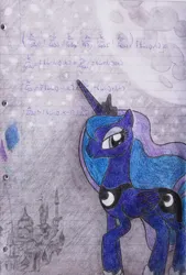 Size: 2056x3042 | Tagged: safe, derpibooru import, princess luna, alicorn, pony, colored, colored pencil drawing, female, image, jpeg, lined paper, mare, pencil drawing, solo, traditional art