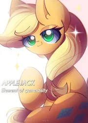 Size: 1800x2500 | Tagged: safe, artist:miryelis, derpibooru import, applejack, earth pony, pony, magical mystery cure, big ears, female, image, long hair, mare, png, simple background, sitting, smiling, solo, sparkles, text, white background