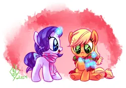 Size: 1500x1050 | Tagged: safe, artist:whitediamonds, derpibooru import, applejack, rarity, earth pony, pony, unicorn, blank flank, blushing, bow, clothes, cute, duo, duo female, female, filly, filly applejack, filly rarity, foal, freckles, g4, glow, glowing horn, hatless, horn, image, jackabetes, lesbian, levitation, looking at someone, looking at something, magic, magic aura, missing accessory, open mouth, open smile, png, raribetes, rarijack, rarijack daily, scarf, shipping, signature, sitting, smiling, striped scarf, tail, tail bow, telekinesis, underhoof, younger