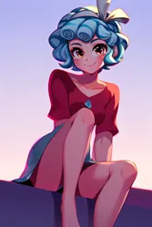 Size: 2048x3072 | Tagged: suggestive, derpibooru import, machine learning generated, stable diffusion, cozy glow, human, ai content, clothes, female, generator:purplesmart.ai, gradient background, humanized, image, knees, legs, looking at you, png, prompter needed, sitting, skirt, smiling, solo, solo female, upskirt denied